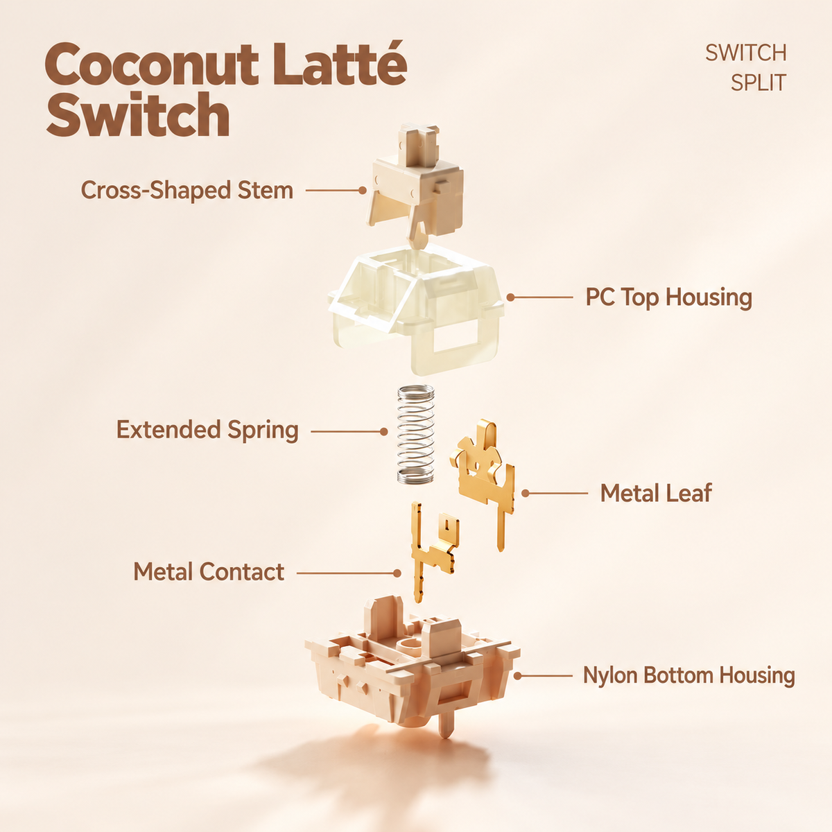 Exploded Coconut Latte switch diagram showing the stem, PC top housing, spring, contacts and nylon bottom housing