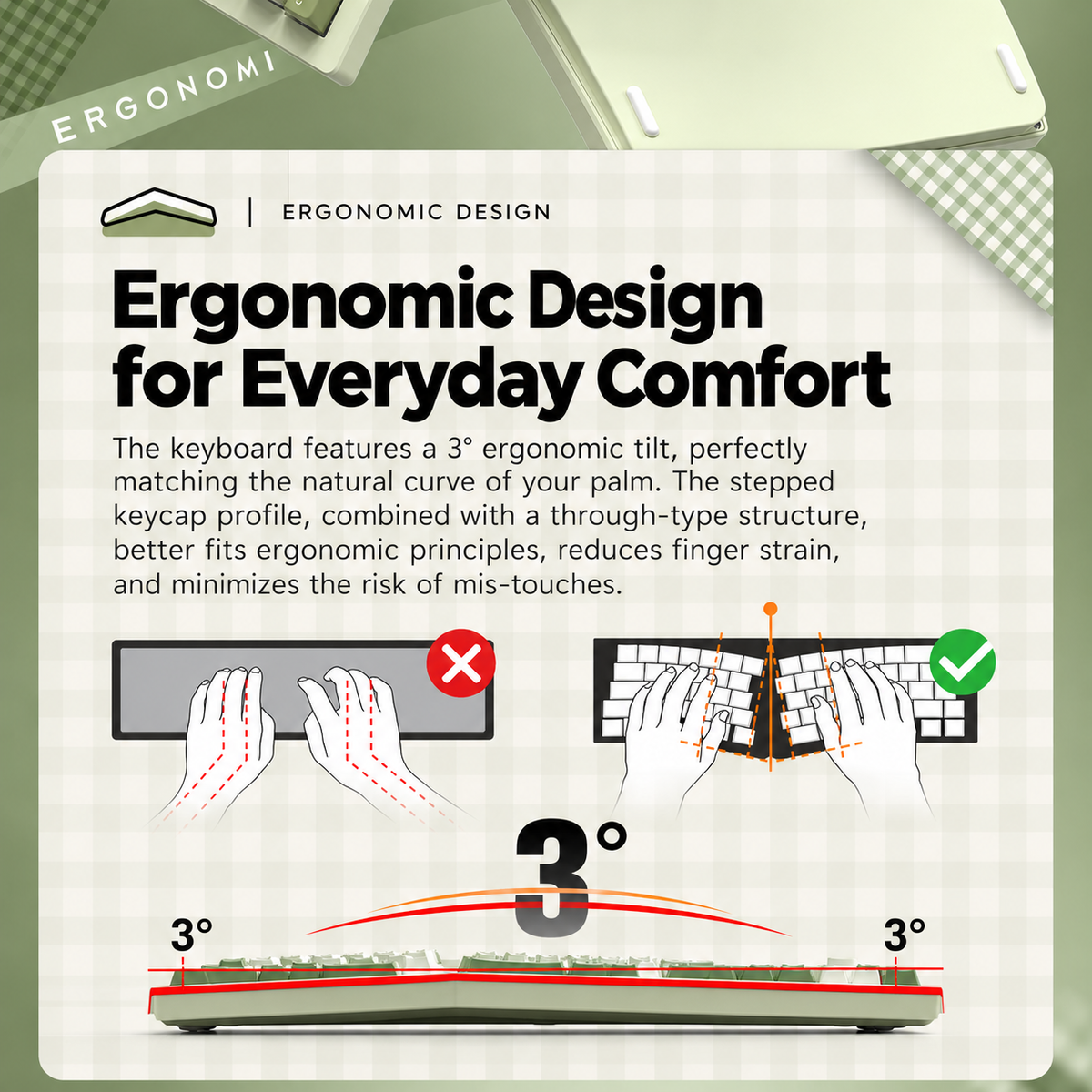 FEKER Alice75 diagram showing 3 degree centre tenting; completed keyboard is an example