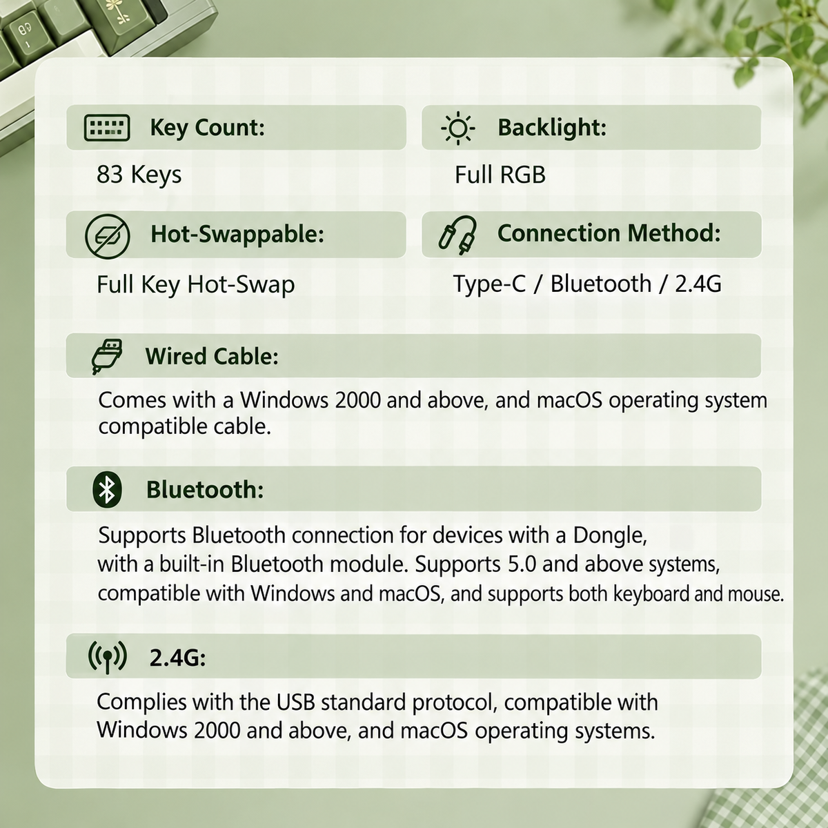 FEKER Alice75 specification chart with 83 keys, RGB, hot-swap sockets and three connection modes