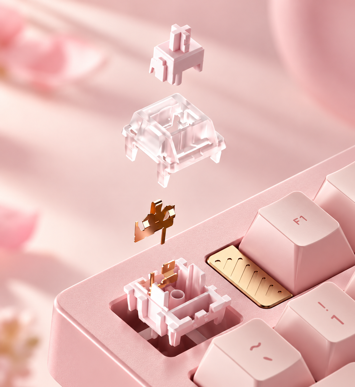 Exploded view of the Flower Switch Pro pink mechanical keyboard switch